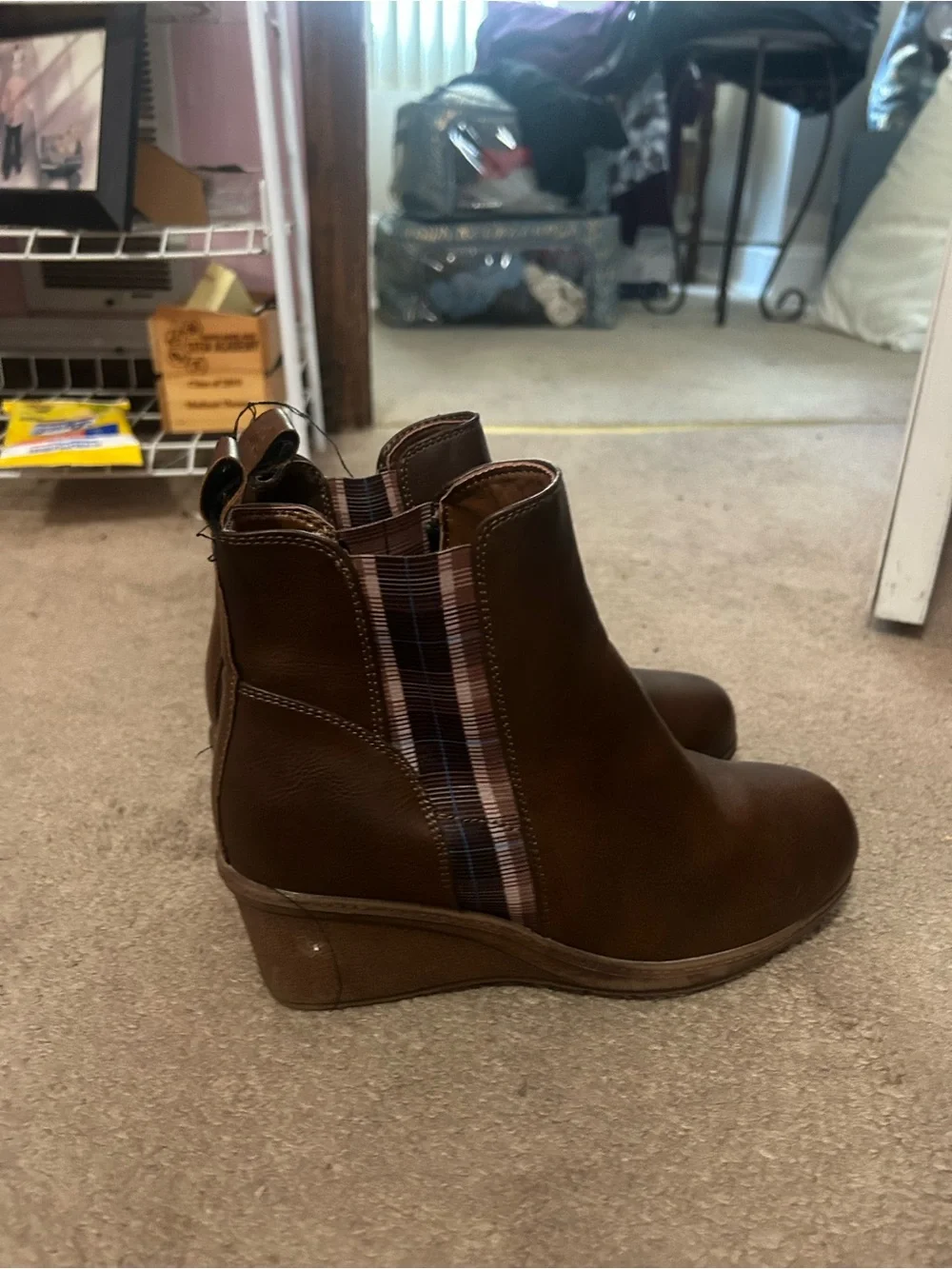 Women’s Brown Wedge Ankle Boots with Plaid Elastic Side